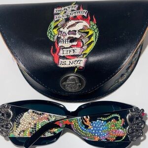 Ed Hardy vintage crystal Embellished Dragon Skull Sunglasses with Leather Case